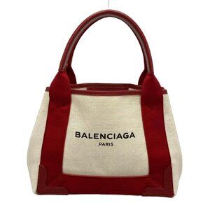 BALENCIAGA Navy Cabas XS 390346 Cream Red Canvas Leather Tote Bag